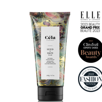 Céla skincare product with awards on a white background