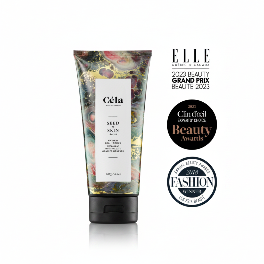 Céla skincare product with awards on a white background