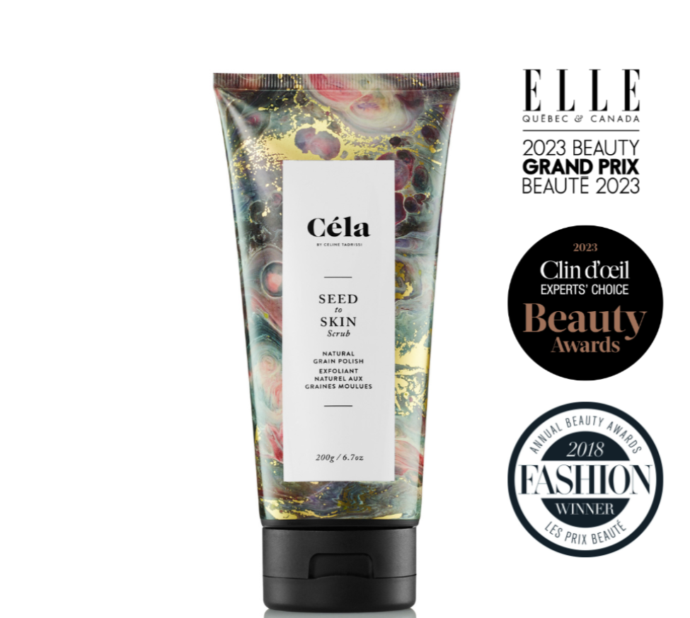 Céla skincare product with awards on a white background